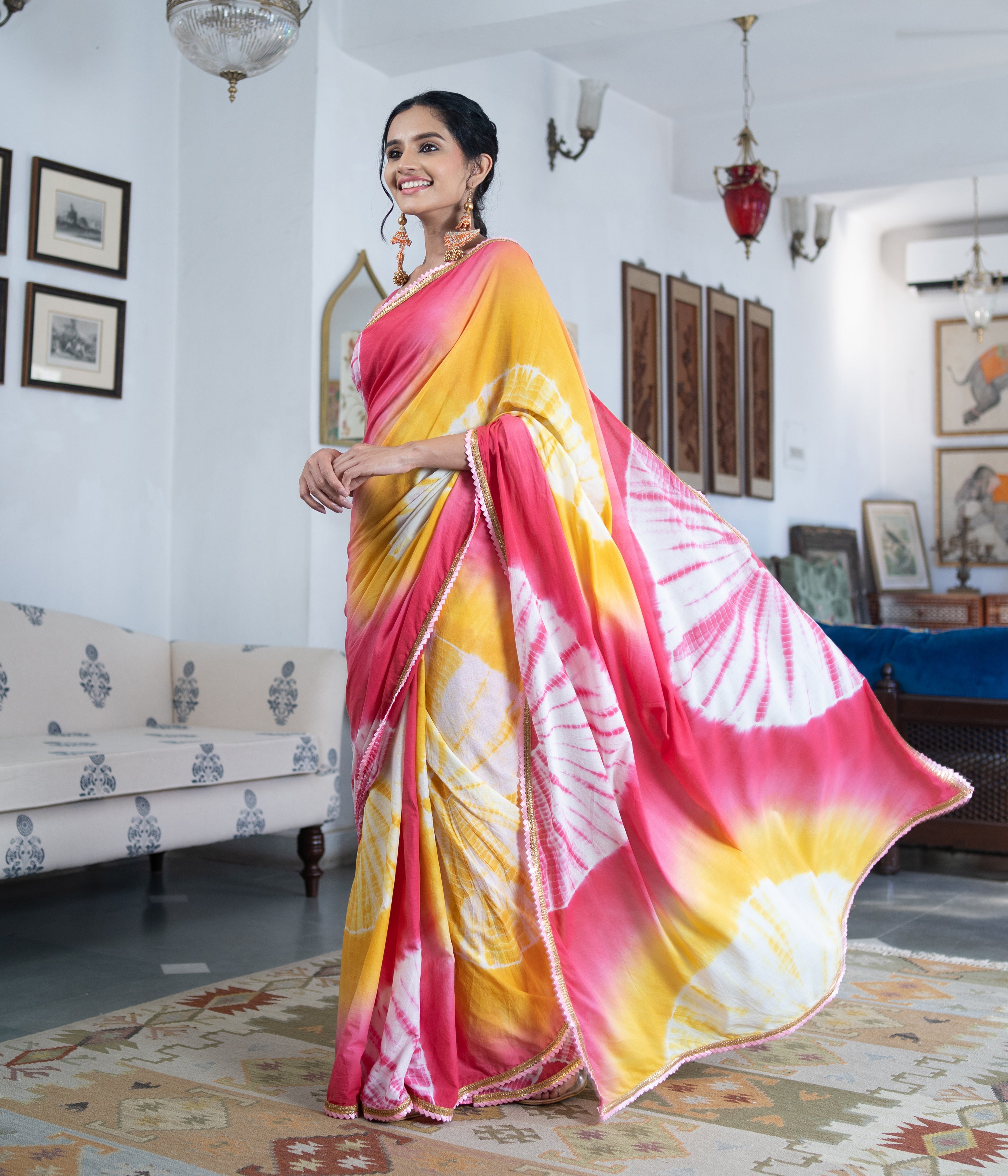 Viscose Georgette Chikankari Tie and Dye Saree - Pink and Yellow – The  Lucknow Store