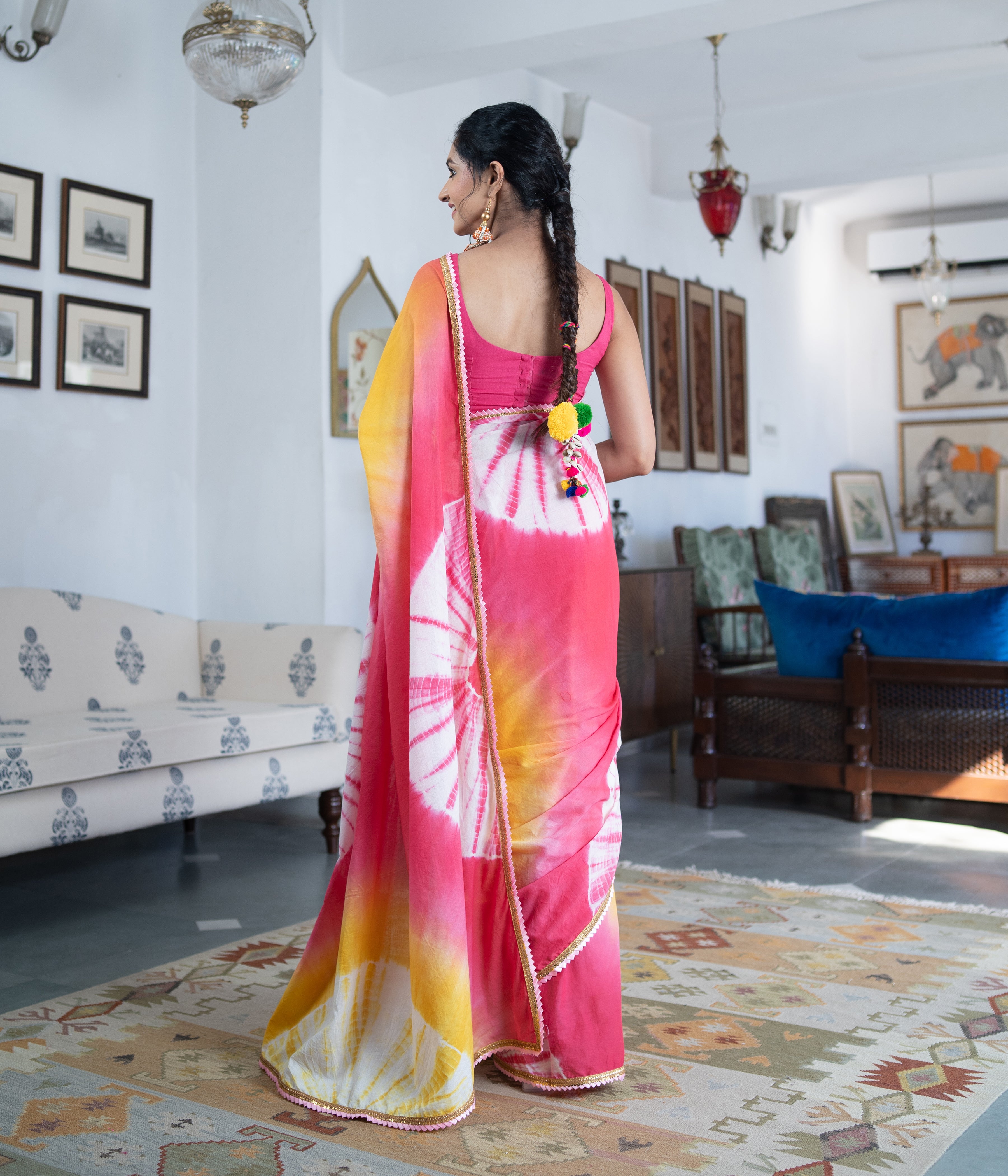 White Black Striped Tie and Dye Saree With Blouse Piece– Inddus.in