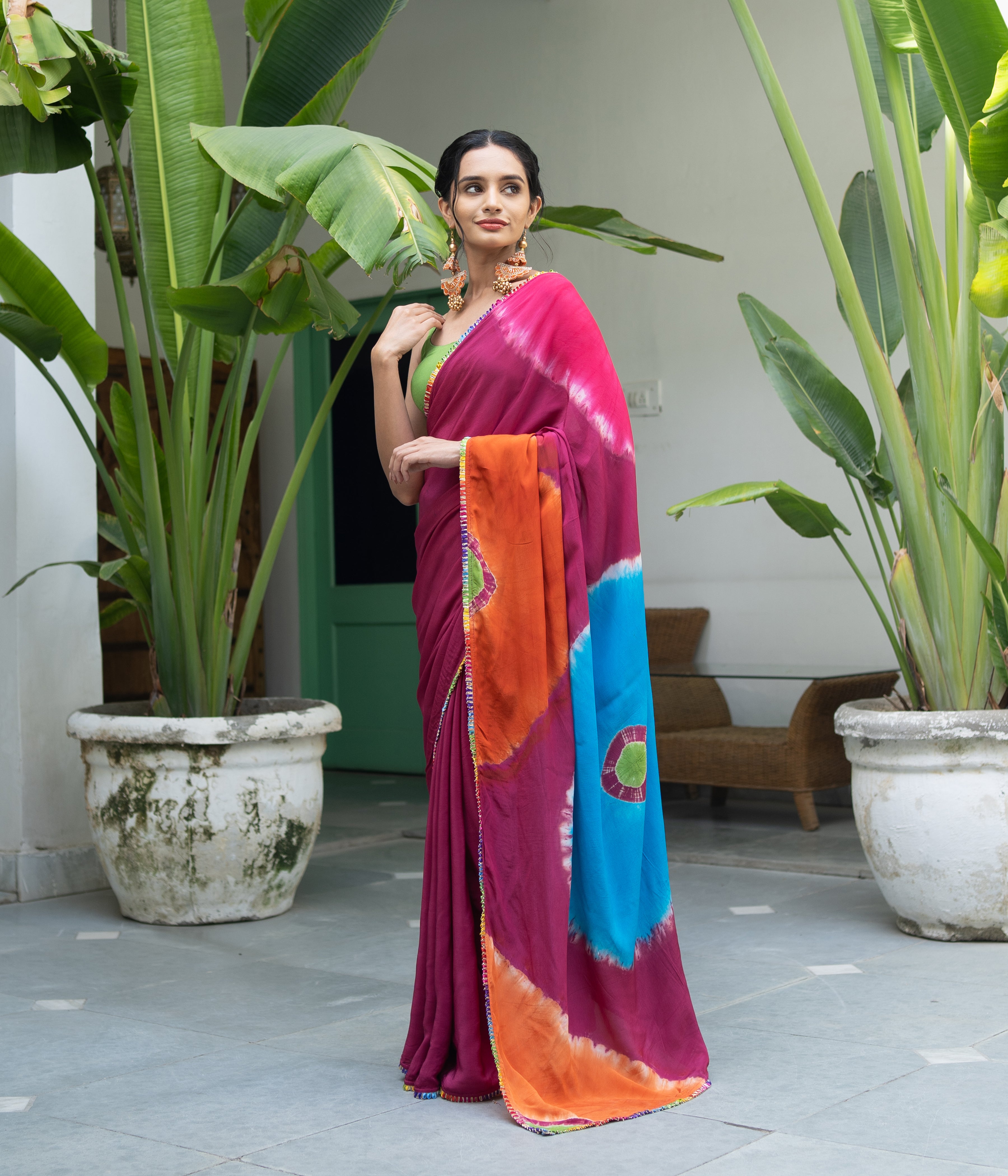 Maroon Multi-Colored Hand Tie Dye Cotton Saree with Golden Lace Detail
