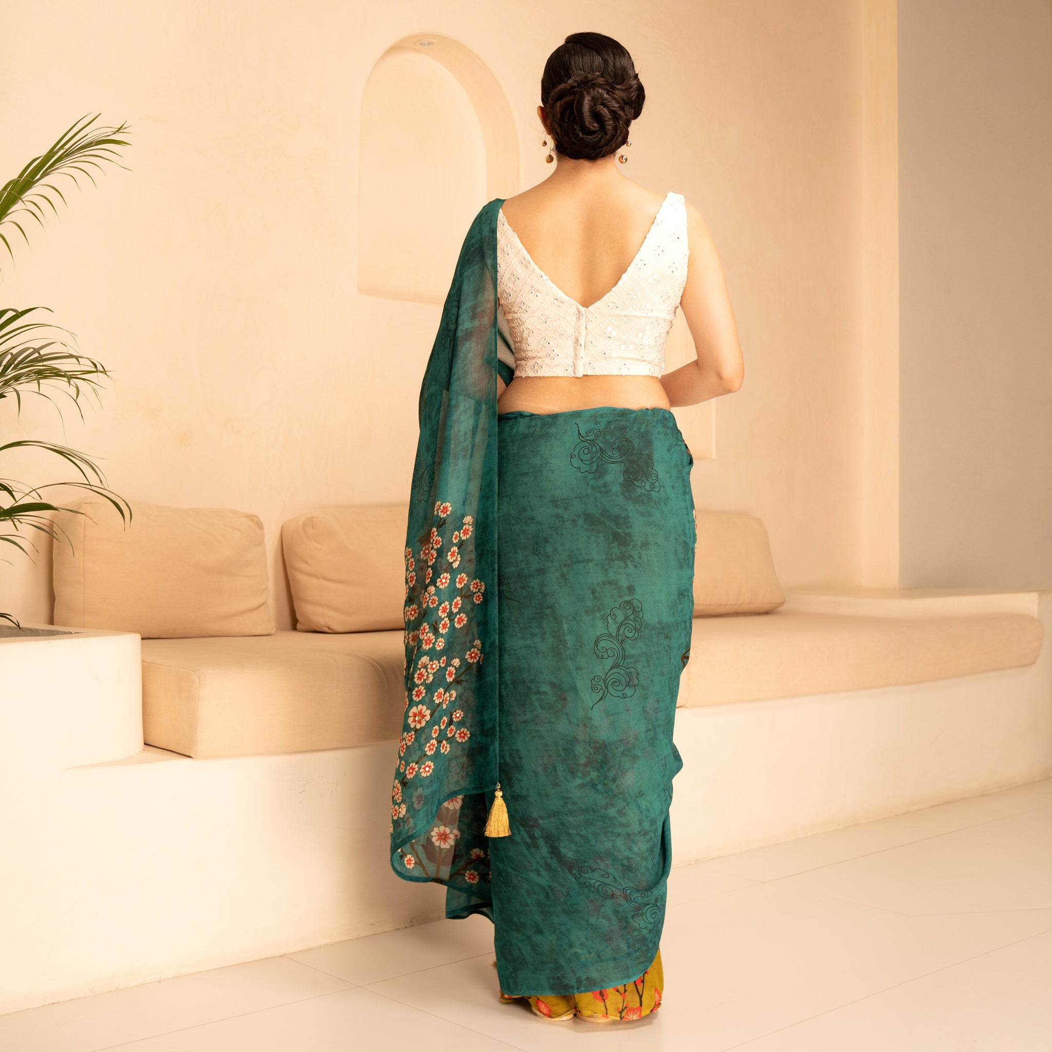 Georgette saree with pompom lace & contrast Sequence work Blouse!! –  Royskart